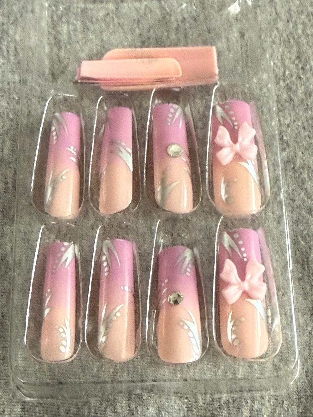Pink Ombre 3D Bow Press-On Nails - Floral Accent